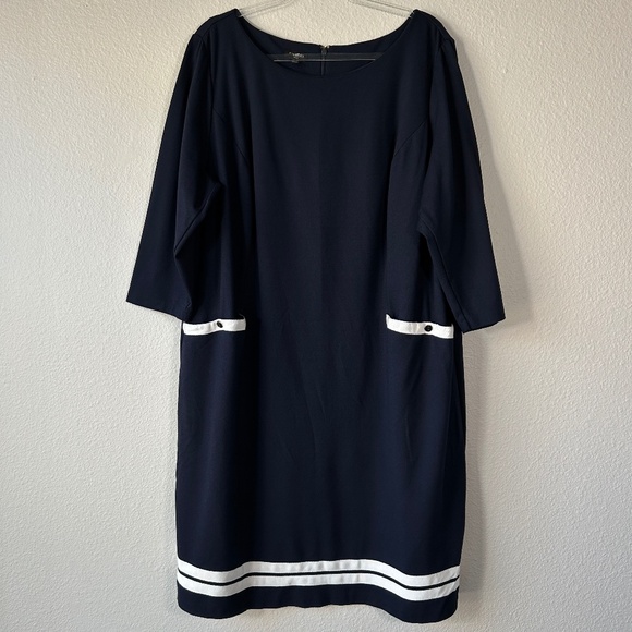 Talbots plus size 20W 2X shift midi dress ponte knit navy nautical 3/4 sleeve - Picture 1 of 11
